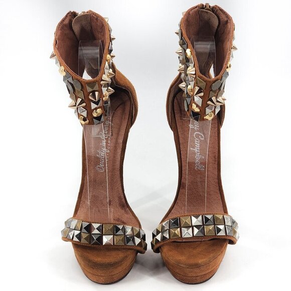 JEFFREY CAMPBELL NWD Kylie Ankle Strap Suede Platform Studded Heels Zip Tan - Picture 4 of 12